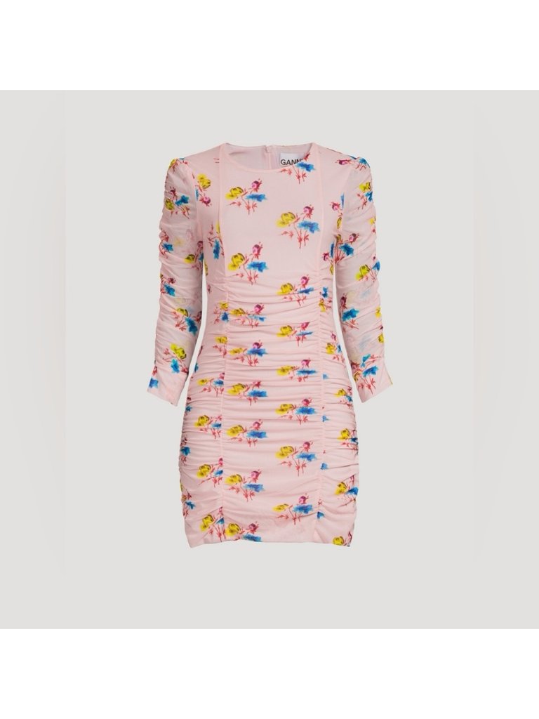 New Ganni X Holt Renfrew Ruched Mesh Mini Dress In Floral Print 32